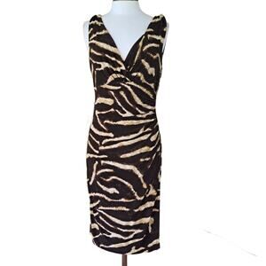 LAUREN Ralph Lauren Sleeveless Jersey Sheath Dress Sz 8 Brown Tan Animal Print